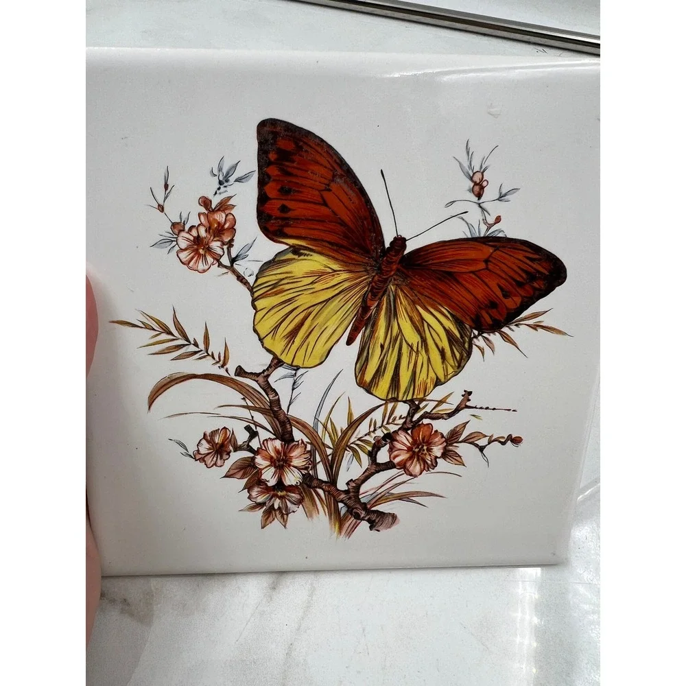 Hyalyn USA 505 Vintage Butterfly Ceramic Tile Trivet Cork Backed 6x6